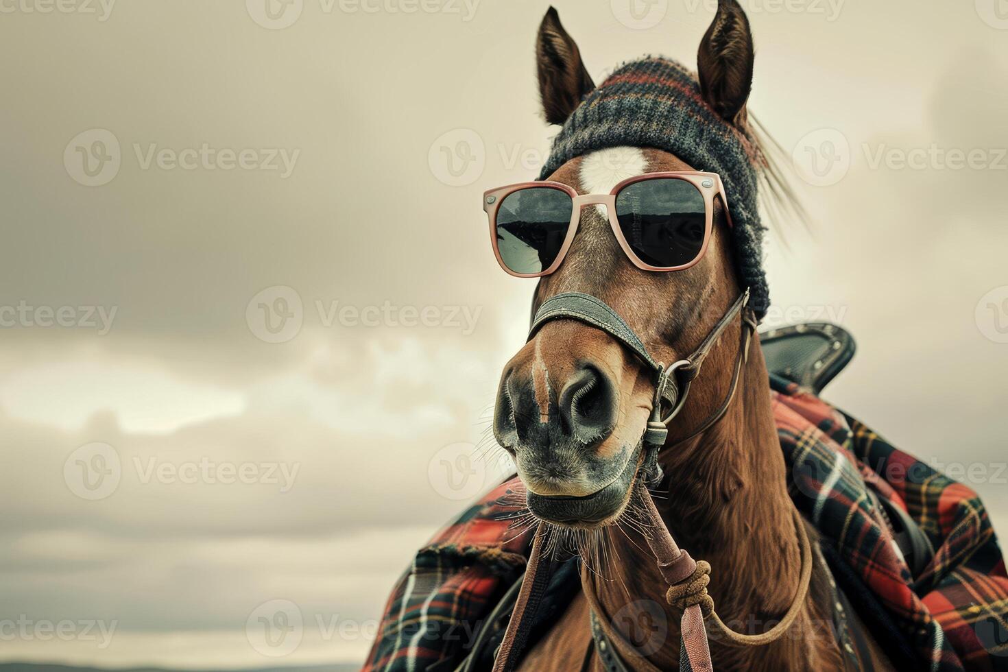 A horse with sunglasses and a beanie hat stands proudly under a cloudy sky, showcasing a unique and stylish look in a playful atmosphere photo