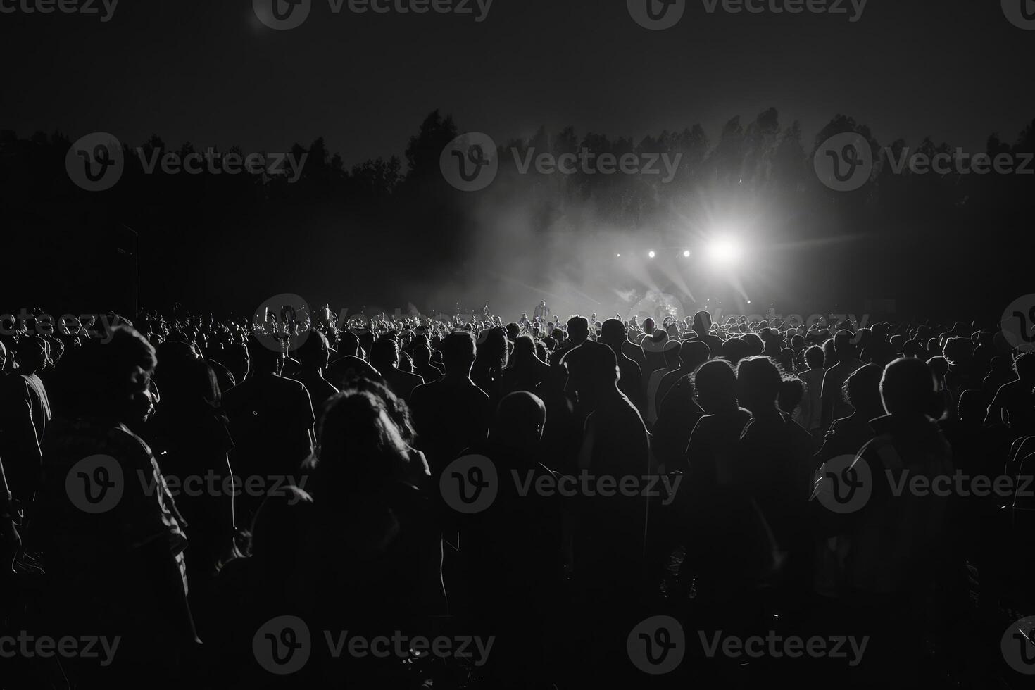 A large crowd stands silhouetted against bright stage lights, enjoying a live performance in an outdoor setting during nighttime photo