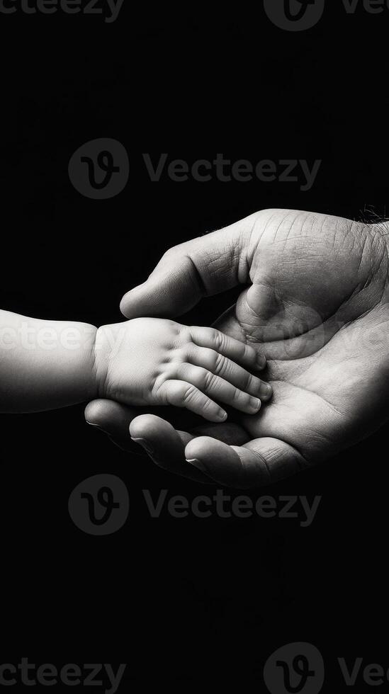 A large hand gently holds a small child's hand, symbolizing love and connection in a striking black and white composition photo