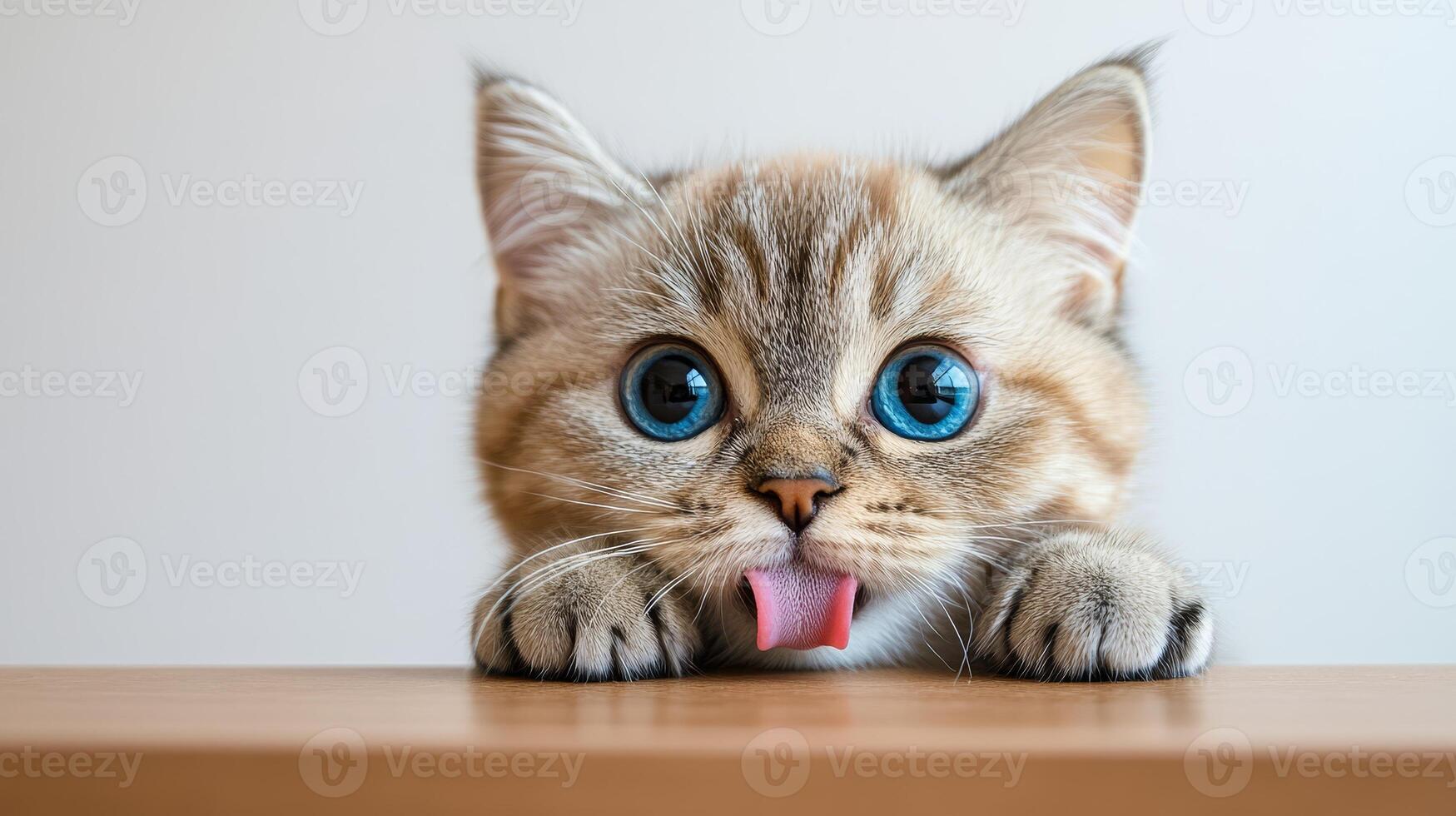 British Shorthair cat with striking blue eyes playfully poses with its tongue out, showcasing its adorable personality in a cozy indoor setting photo