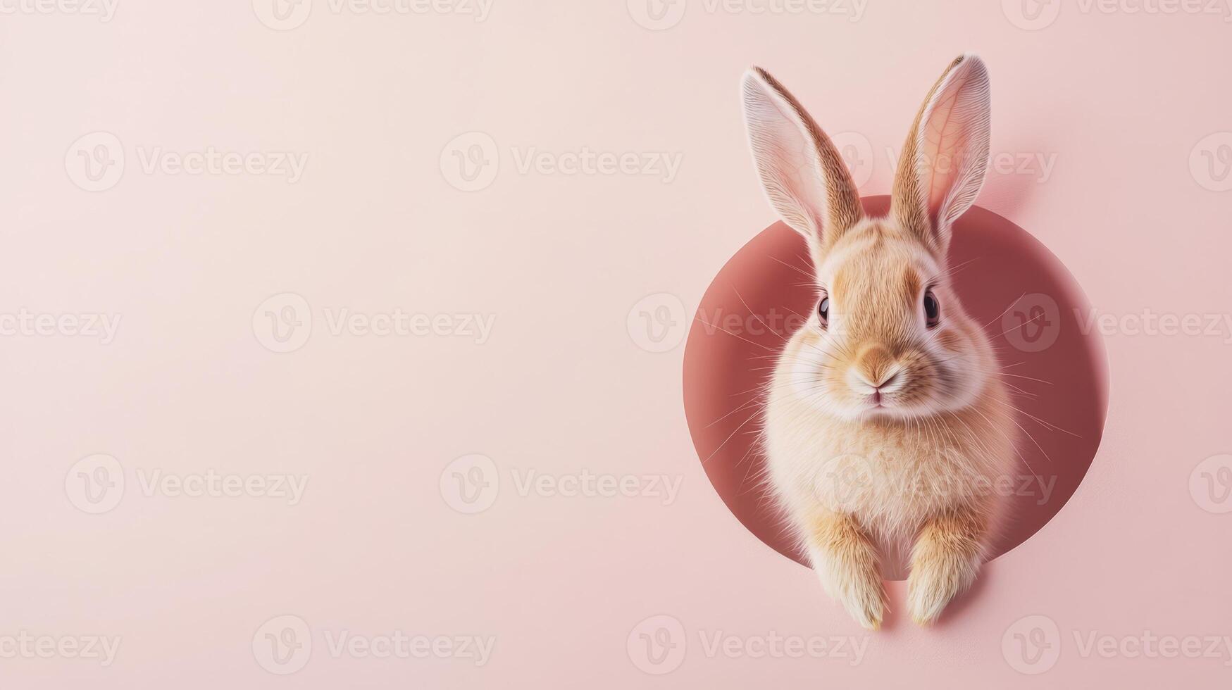 A cute little rabbit curiously peeks out from a round pink opening against a soft pastel background, showcasing its soft fur and endearing features photo
