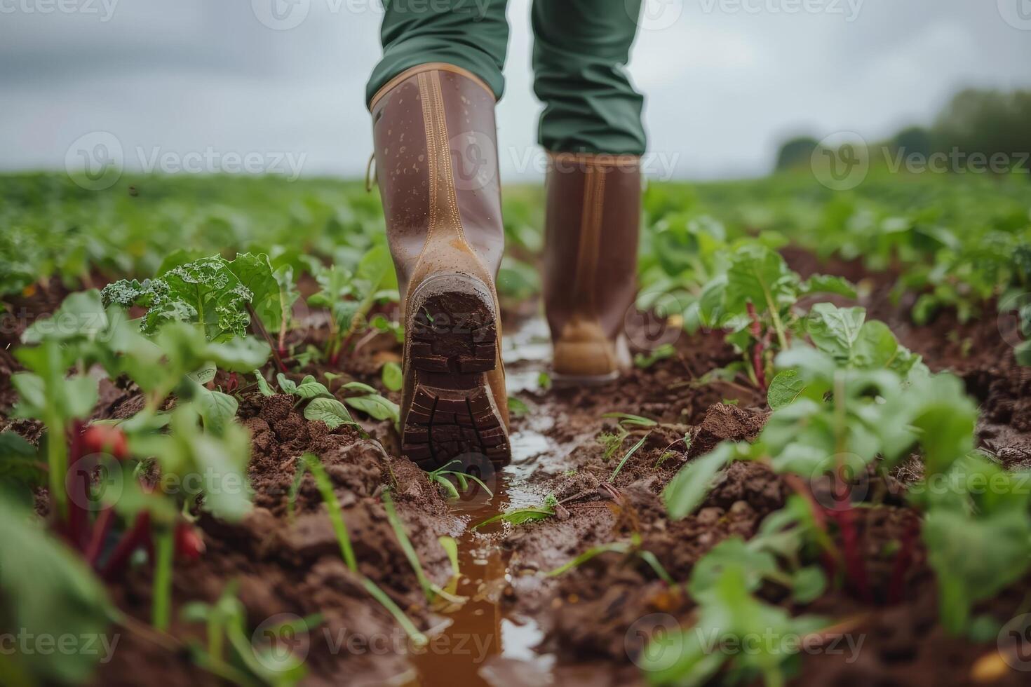 A farmer walks through a muddy field wearing rain boots, navigating between rows of vibrant green crops under cloudy skies photo