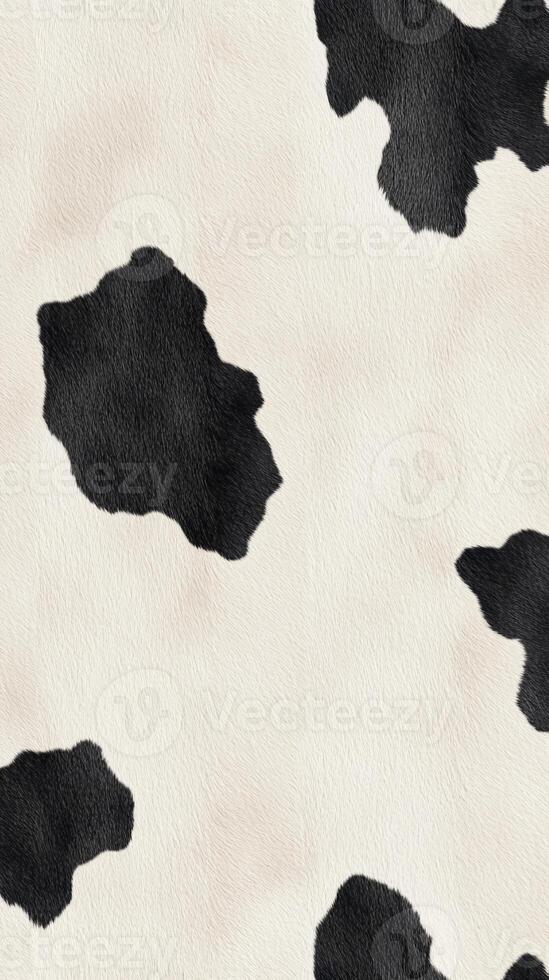 A detailed cowhide pattern features prominent black patches on a soft white background, illustrating natural beauty and unique textures found in cow skins photo