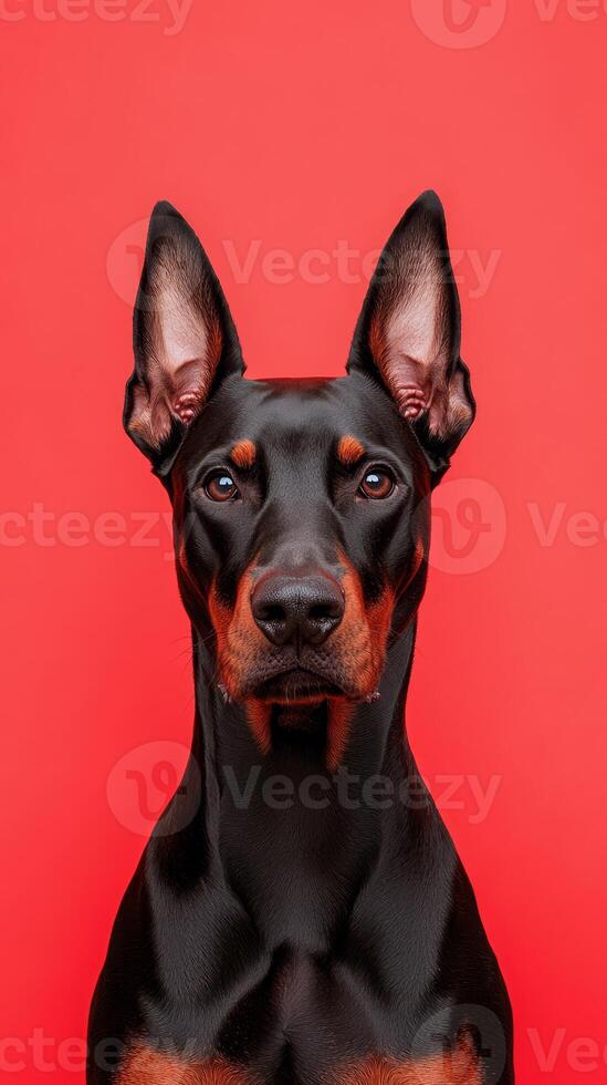 This elegant doberman displays a sleek coat and captivating expression against a vivid red backdrop, showcasing its majestic presence in a unique setting photo