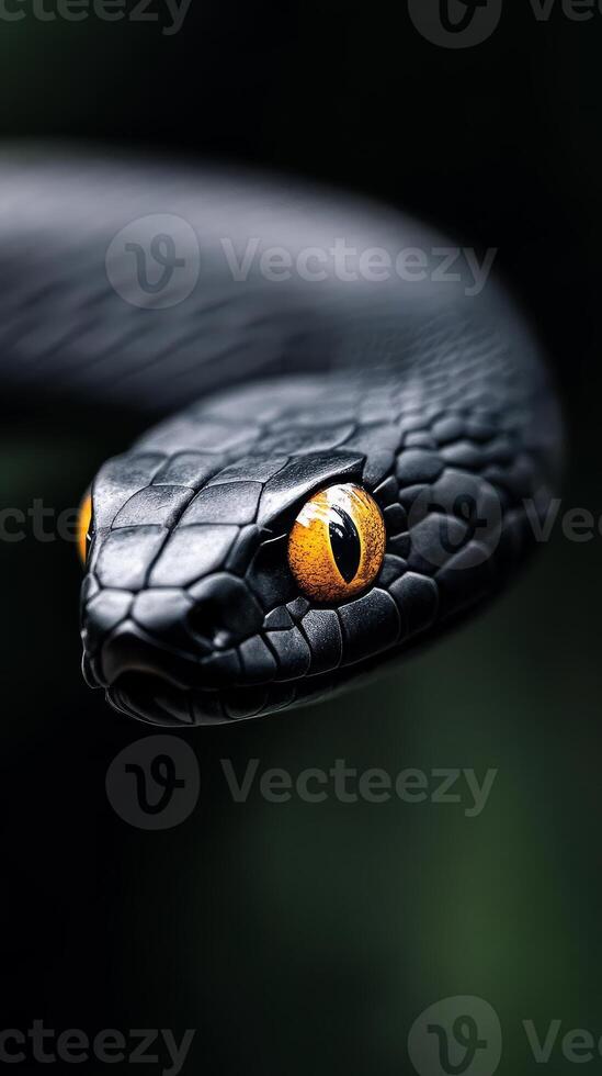 A black mamba snake is coiled, displaying its glossy black scales and bright yellow eyes photo