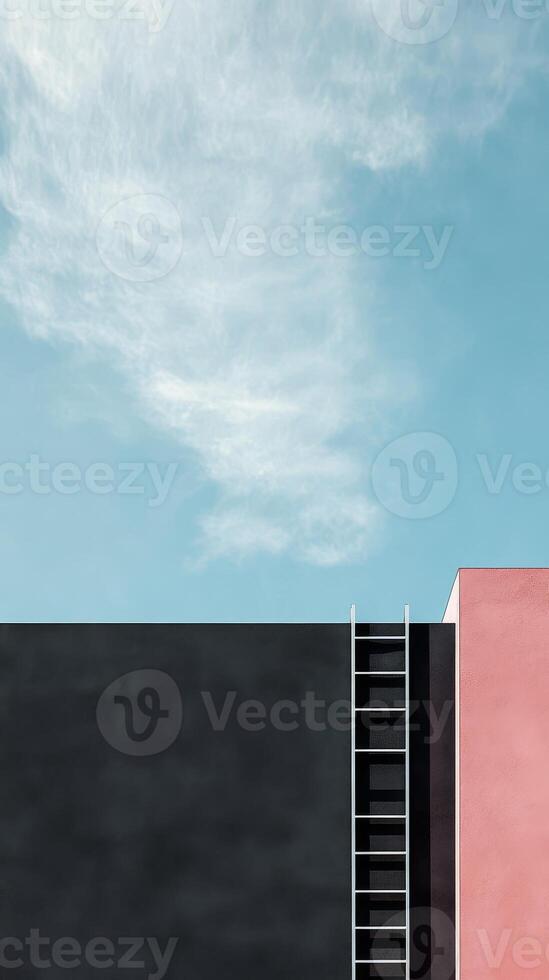 A striking architectural setup displays a black wall adjacent to a pink structure, complemented by a blue sky and wispy clouds above photo