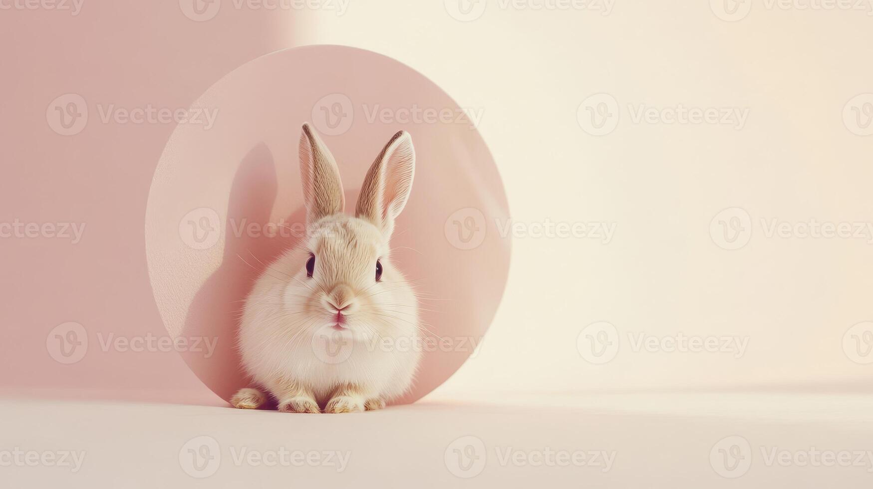 A fluffy rabbit curiously emerges from a pastel pink circle, showcasing its adorable features in a serene indoor atmosphere with warm lighting photo