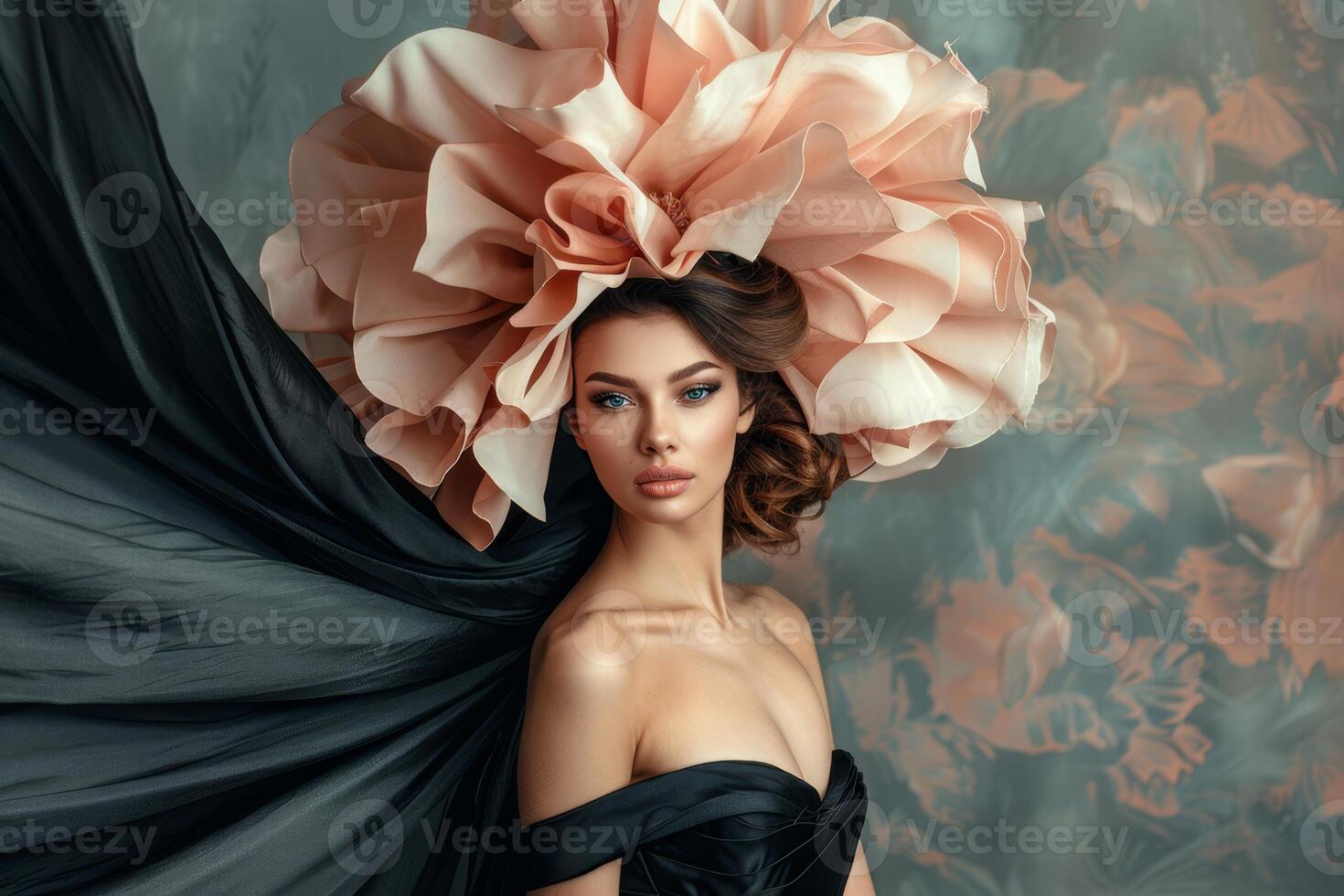 The striking woman showcases elegance in a black gown adorned with a large flower headpiece against a softly patterned floral background photo