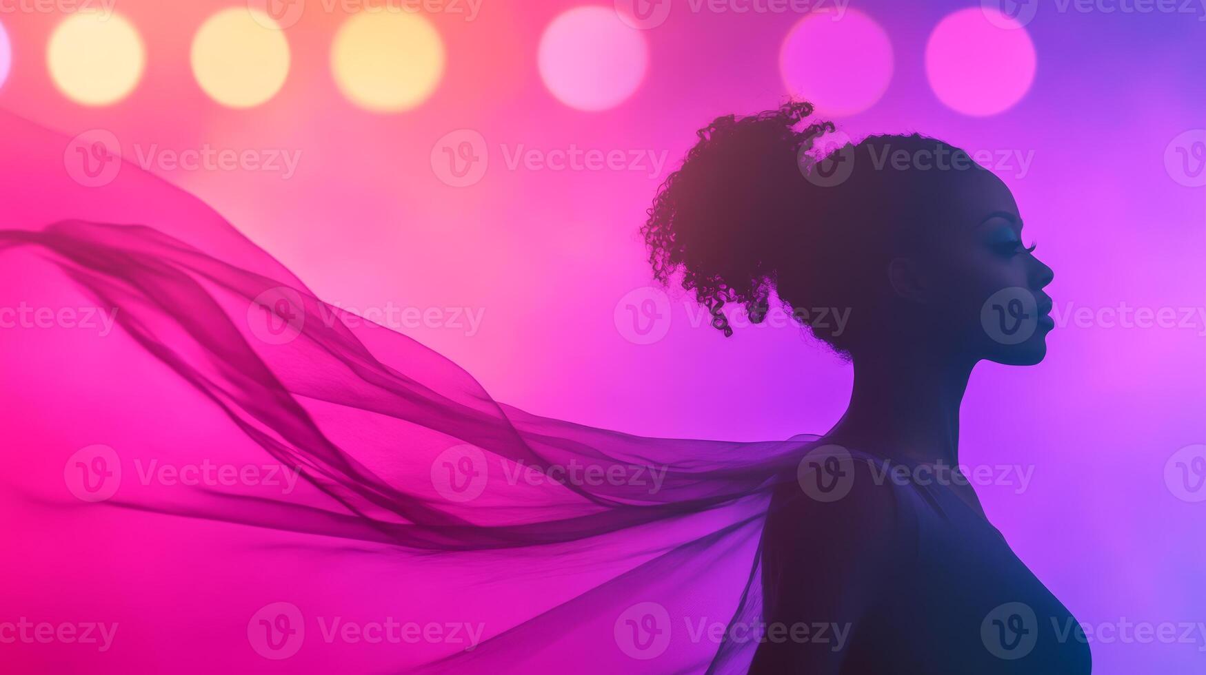 A dynamic cumbia dancer moves gracefully with flowing fabric, captured in vibrant colors under bright lights during an energetic performance photo