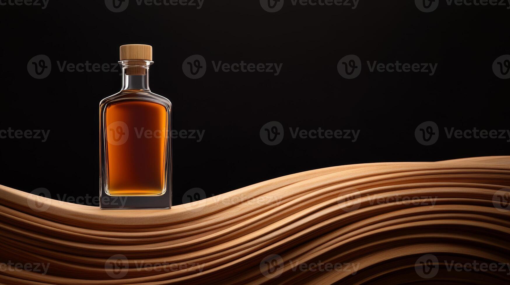 Cognac bottle sits gracefully on flowing wooden waves, emphasizing its luxurious amber hue, with a dark background that enhances its rich appearance photo