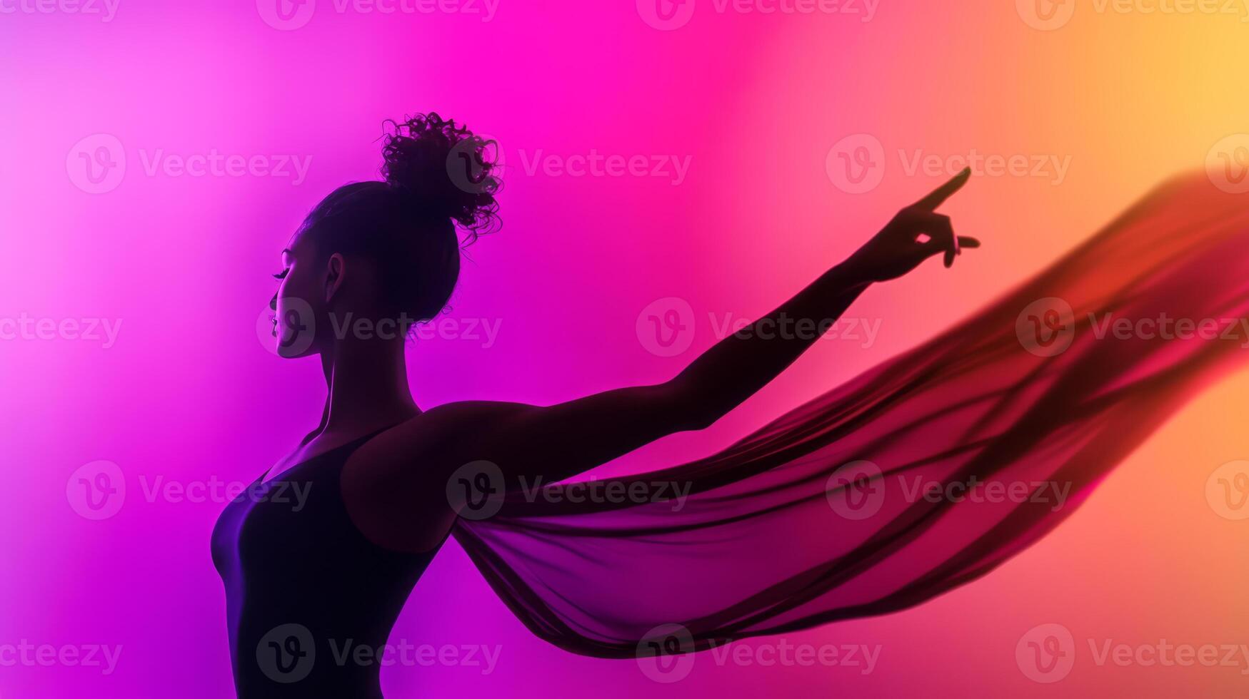 A modern cumbia dancer displays graceful movements with flowing fabric against a backdrop of vivid colors, embodying rhythm and style photo