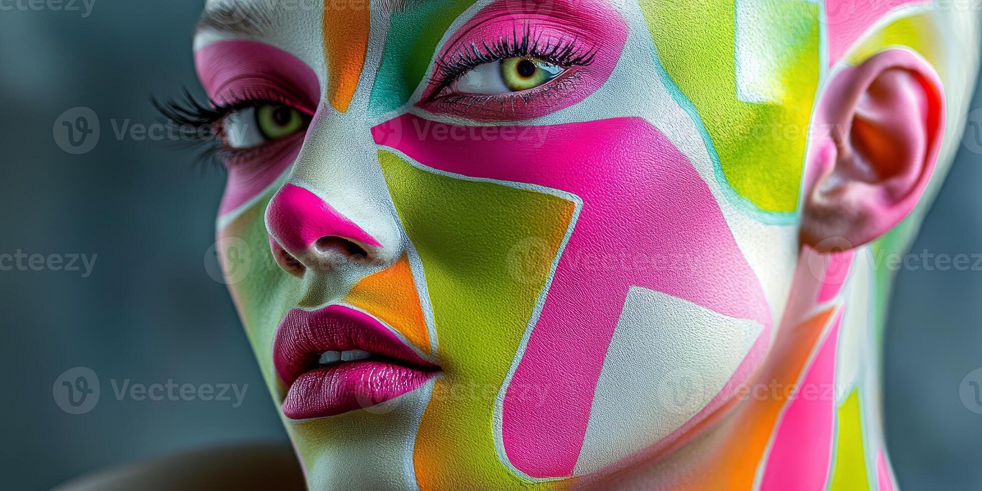 This striking close-up showcases a model adorned with bold, colorful face paint, capturing intricate details of her expression photo