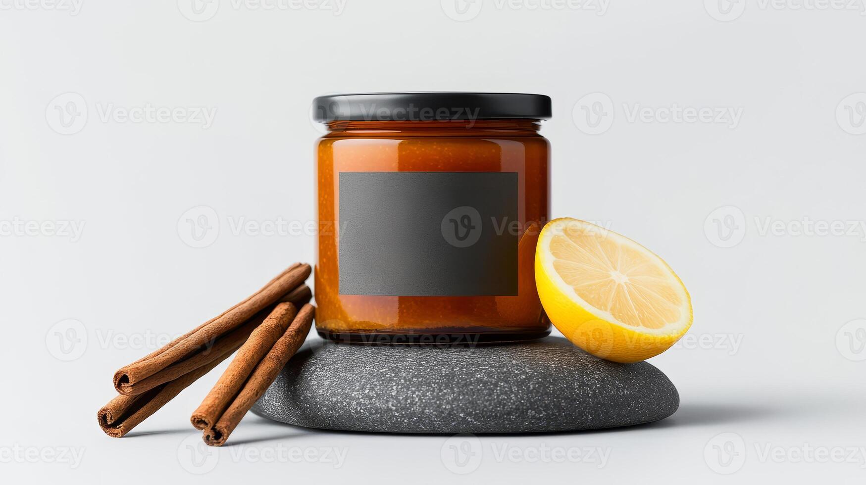 Amber jar sits elegantly with a black label, accompanied by cinnamon sticks and a fresh lemon slice, arranged on a smooth stone surface photo