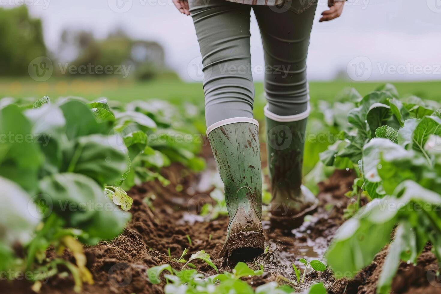 A farmer navigates through muddy soil in rain boots, tending to young crops on a cloudy day, reflecting dedication to agriculture photo