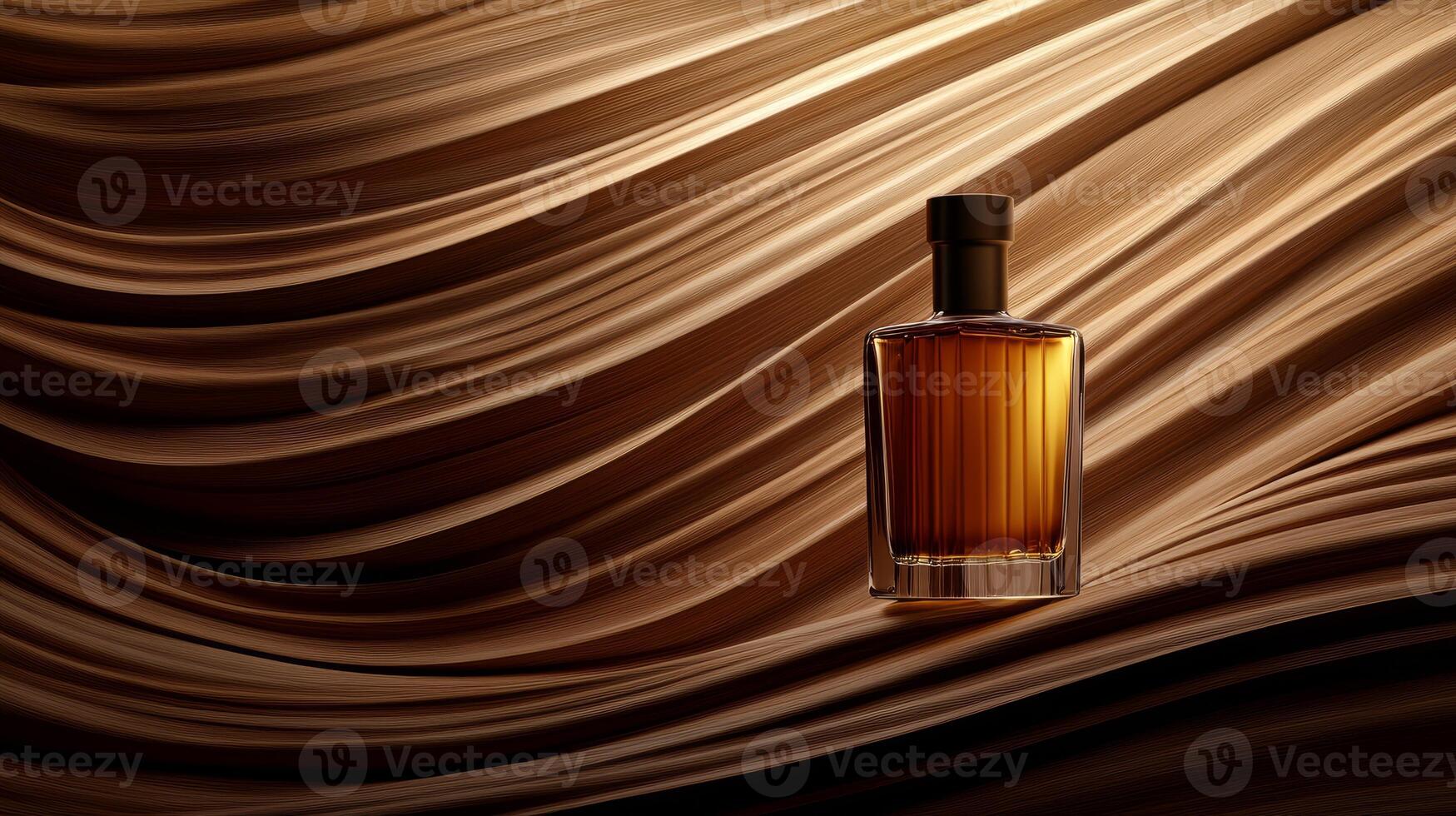 Cognac bottle stands prominently against a warm wood backdrop, showcasing its amber hue and sleek design, inviting a sense of sophistication and indulgence photo