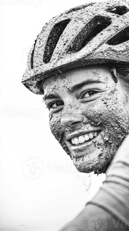 A cyclist grins joyfully, their face covered in mud, glowing with enthusiasm after navigating a tough trail surrounded by nature photo