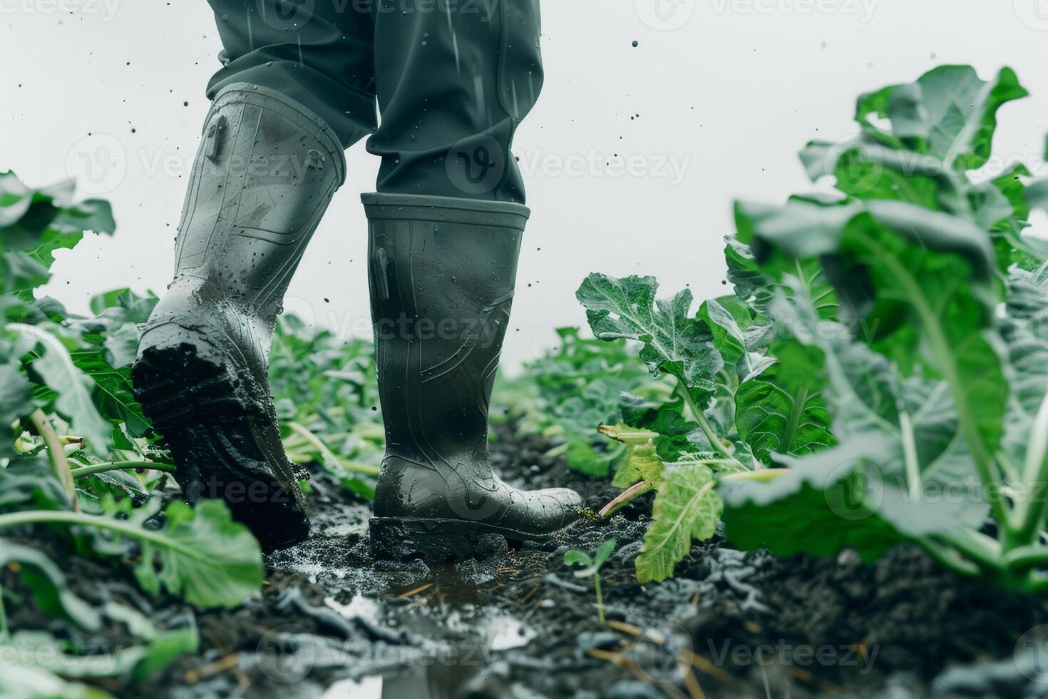 A farmer in rain boots strolls through muddy fields, caring for crops on a wet, overcast day during the growing season photo