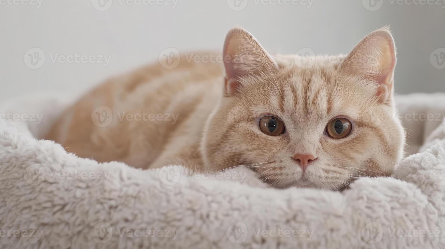 A fluffy English shorthair cat lies comfortably in a soft nest, enjoying a peaceful afternoon indoors, exuding a sense of tranquility and contentment photo