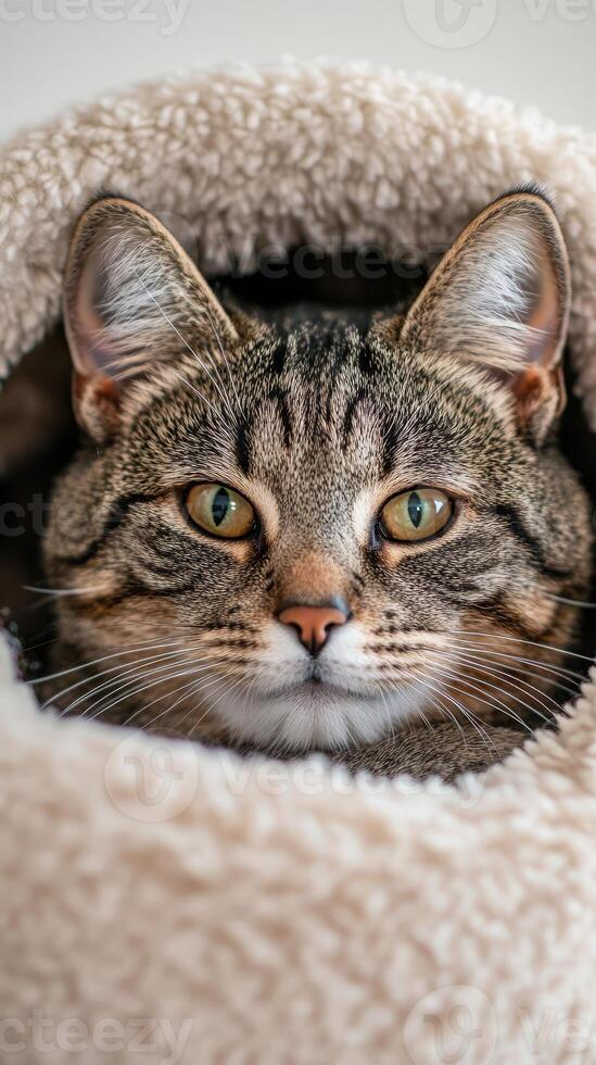 An English shorthair cat relaxes in a plush nest, surrounded by soft fabric, enjoying a moment of tranquility in a serene indoor environment photo