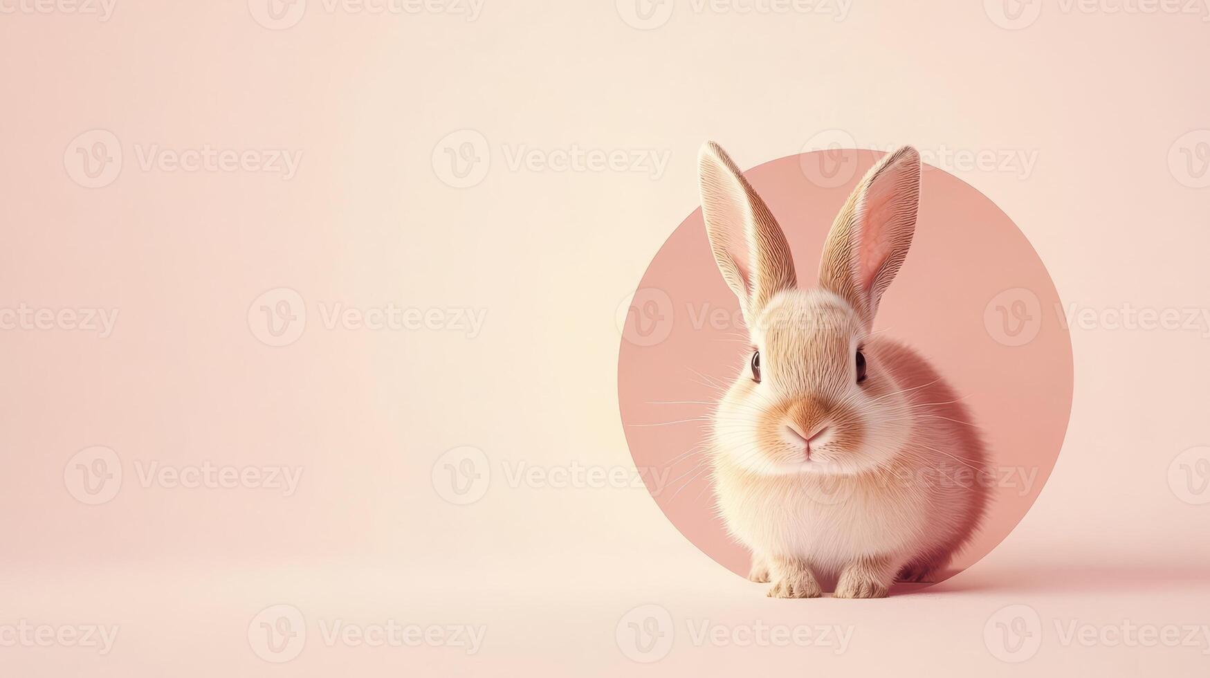 A small and adorable rabbit peeks out from a round pink shape against a gentle pastel backdrop, capturing a moment of curiosity and sweetness photo