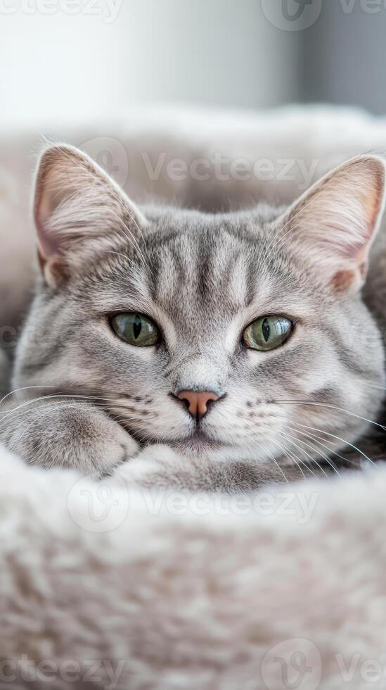 This English shorthair cat lounges comfortably in a soft, plush nest, displaying its striking green eyes and calm demeanor on a serene day photo