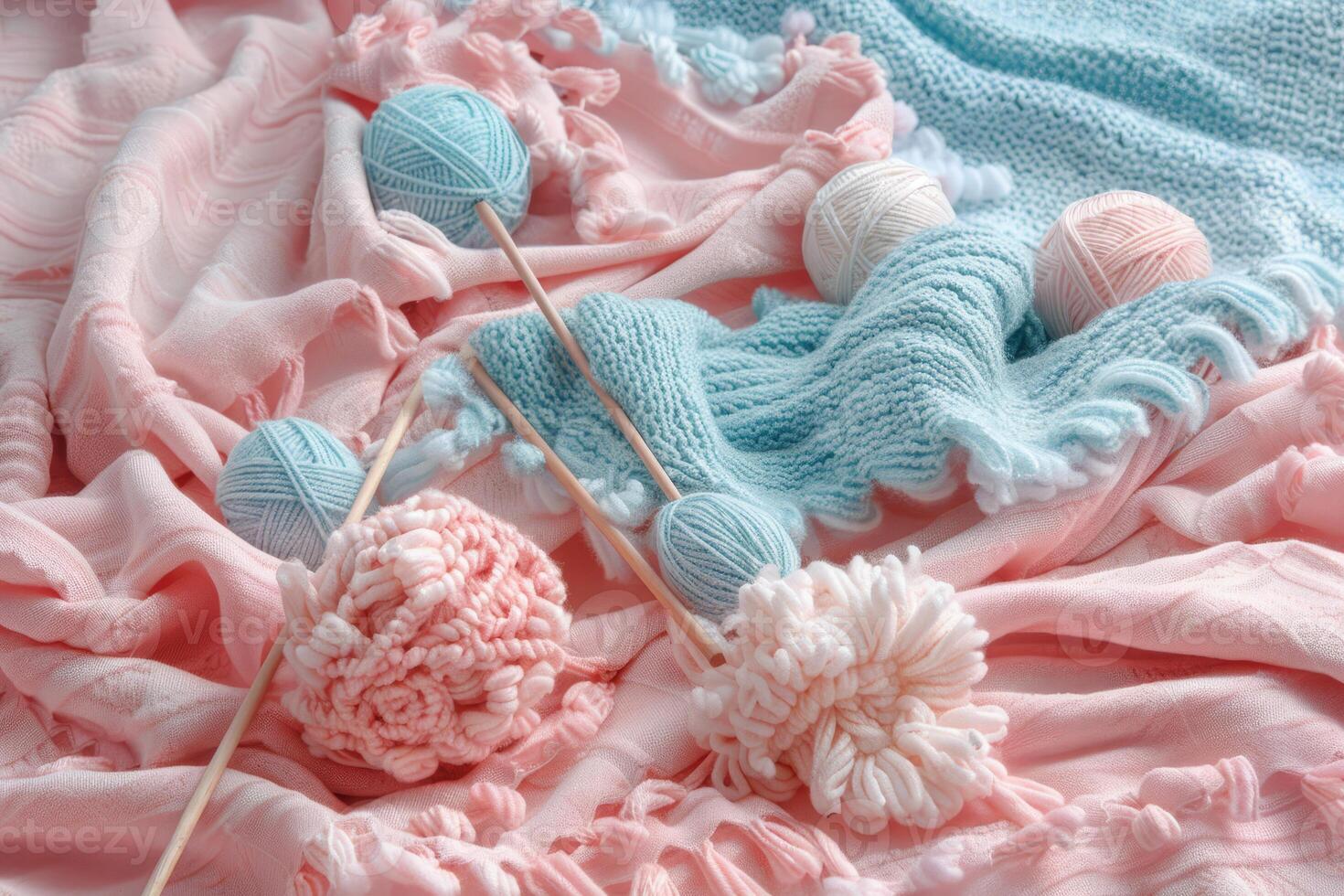 A beautifully arranged pastel blanket in pink and blue features various colorful yarn balls photo