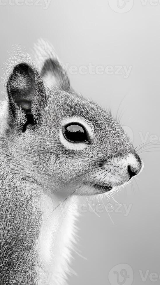 A gray squirrel stands still, showcasing its delicate features with sharp focus and artistic monochrome tones in a serene setting, evoking a sense of calm photo