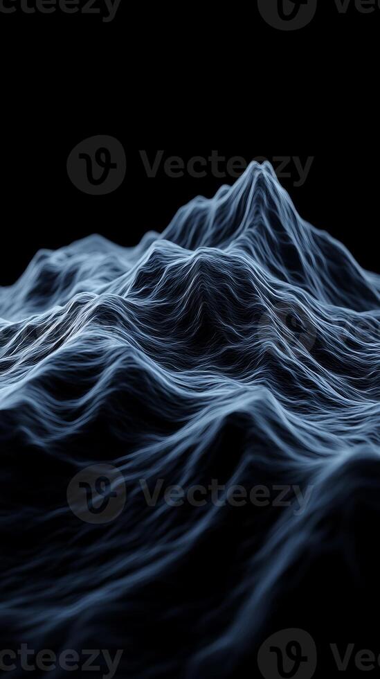 Dramatic black mountain range illuminated by dark blue lighting, revealing intricate textures and depth, creating a captivating landscape at twilight photo