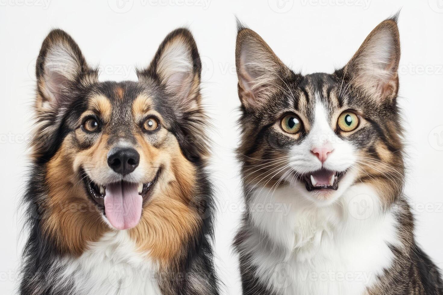 A joyful dog and cat share a moment of happiness, showcasing their playful personalities against a light background that enhances their vibrant expressions photo
