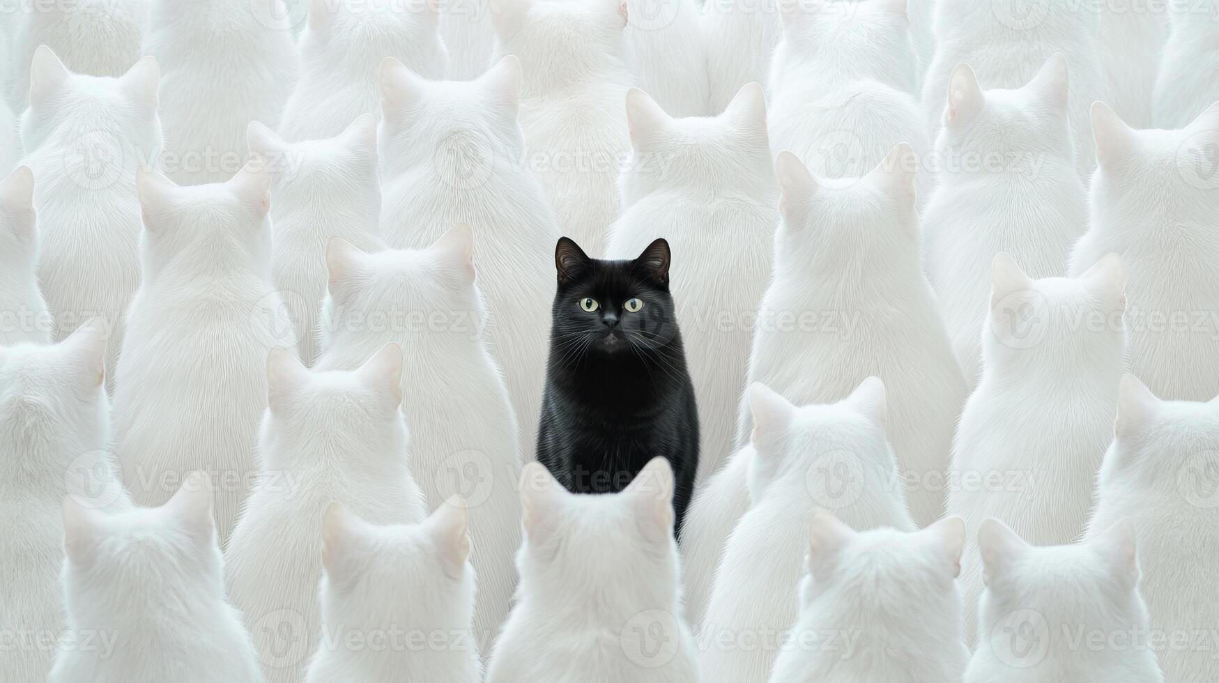A large group of white cats is positioned closely together, all facing away, while a single black cat stands out prominently in the cluster photo
