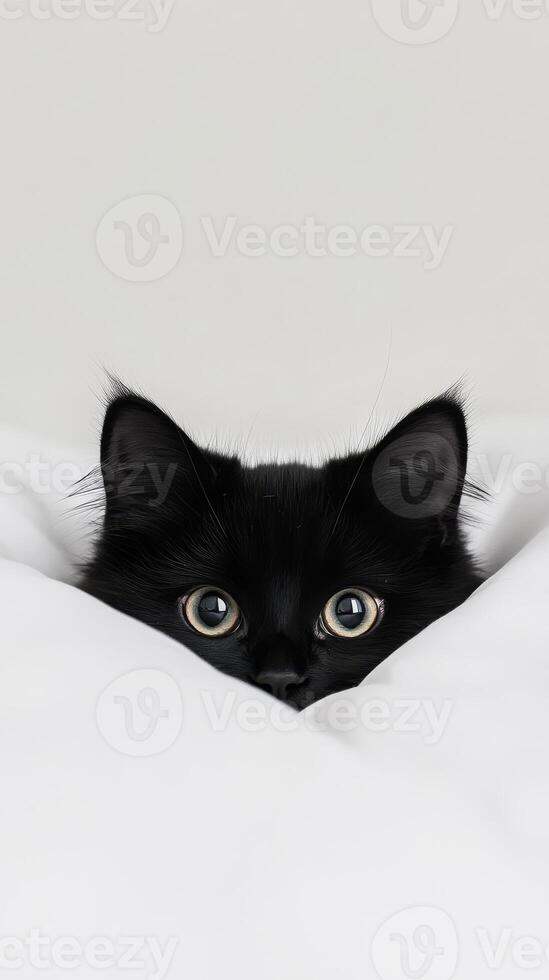A playful black cat with big eyes is peeking out from beneath soft white sheets, displaying an adorable expression of curiosity and friendliness photo