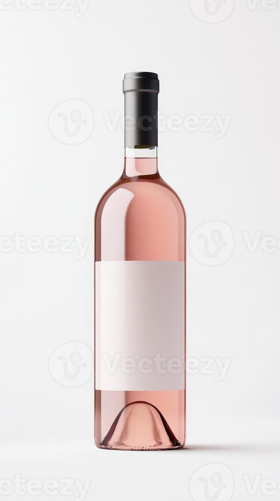 A sleek rose wine bottle stands alone against a plain background, highlighting its elegant shape and soft pink hue. The blank label invites creativity photo