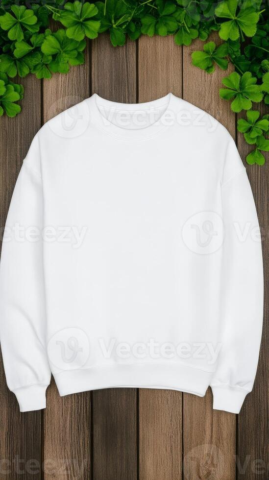 A plain white sweatshirt is draped over a wooden surface, with vibrant green leaves enhancing its display, creating a soft and inviting atmosphere photo