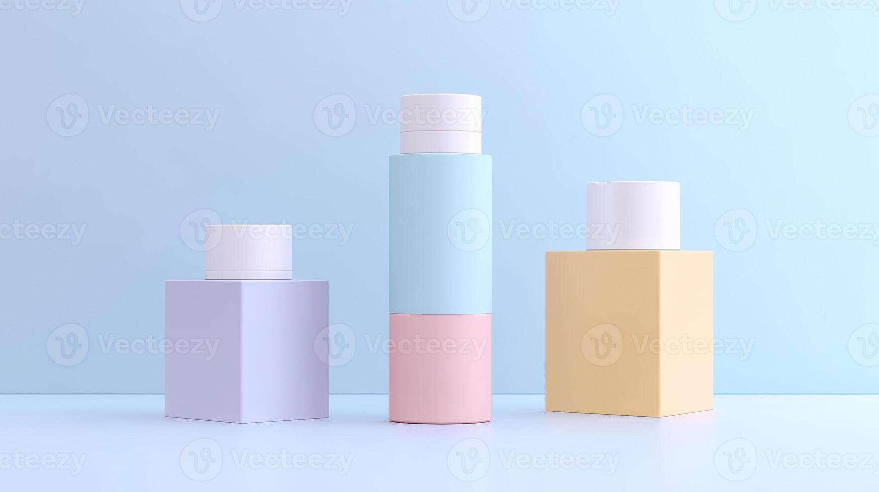 Three stacked and colorful cosmetic containers arranged on a smooth surface, highlighting modern design with pastel shades against a light background photo