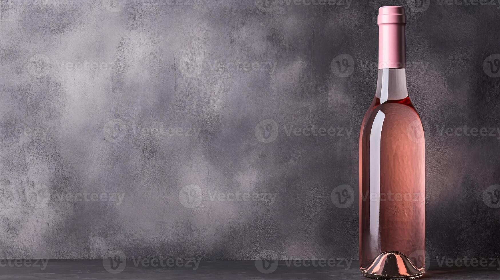 A sleek bottle of rose wine is positioned against a dark textured backdrop, illuminated by soft light that enhances its color and clarity photo
