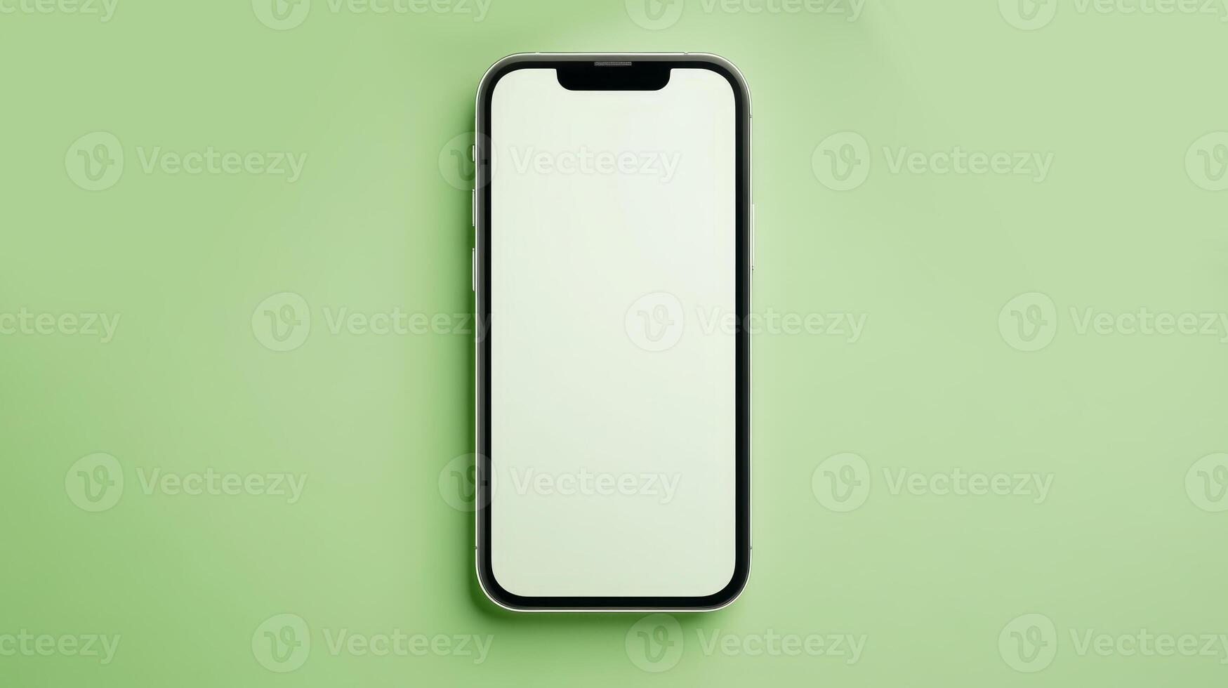 A sleek smartphone lies flat on a light green background, showcasing a blank screen, perfect for showcasing apps or customization options photo