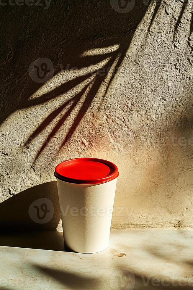 A white cup with a red lid stands against a rough wall. Sunlight creates captivating shadows from nearby leaves, adding a touch of nature to the setting photo