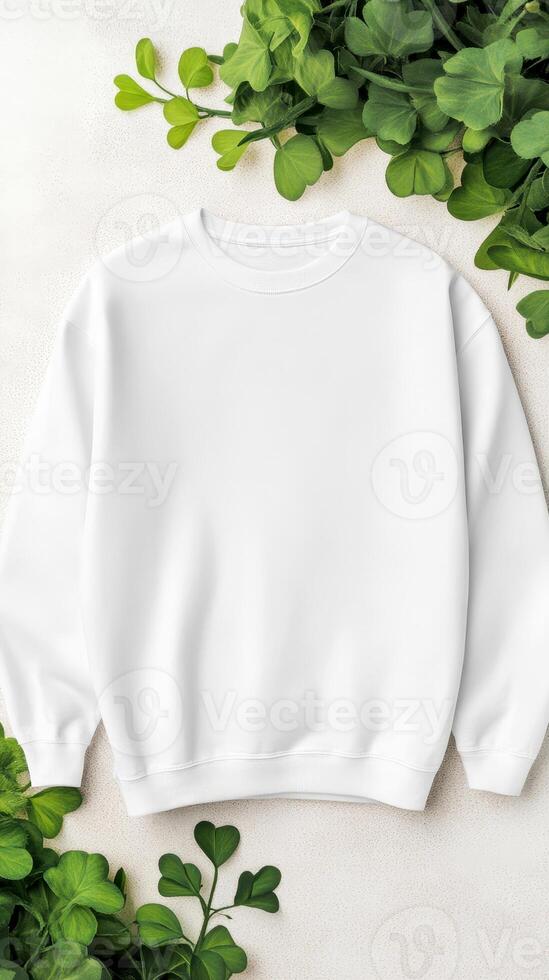 A simple white sweatshirt is placed on a light neutral background, accented with vibrant green leaves, perfect for showcasing style or designs photo