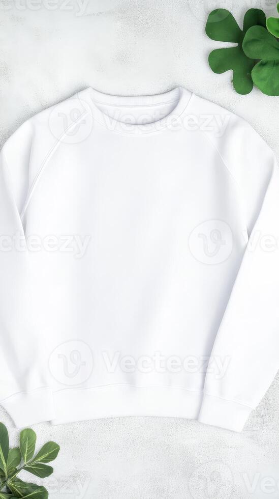 A simple white sweatshirt is neatly arranged on a soft surface, surrounded by fresh green plants, creating a calm atmosphere perfect for relaxation photo