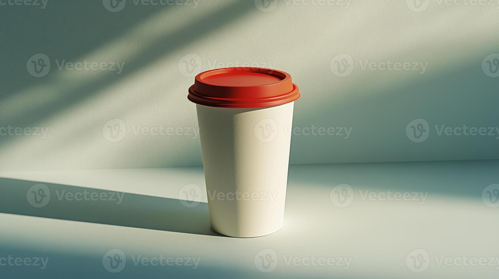 A white coffee cup with a red lid sits on a flat surface, softly lit by natural light, creating a minimalist look photo