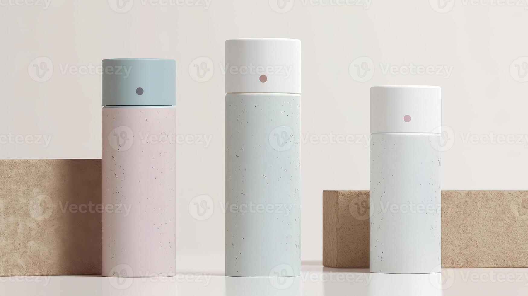 Three elegant reusable containers in pastel shades are showcased on a neutral backdrop, promoting sustainable choices for everyday use photo