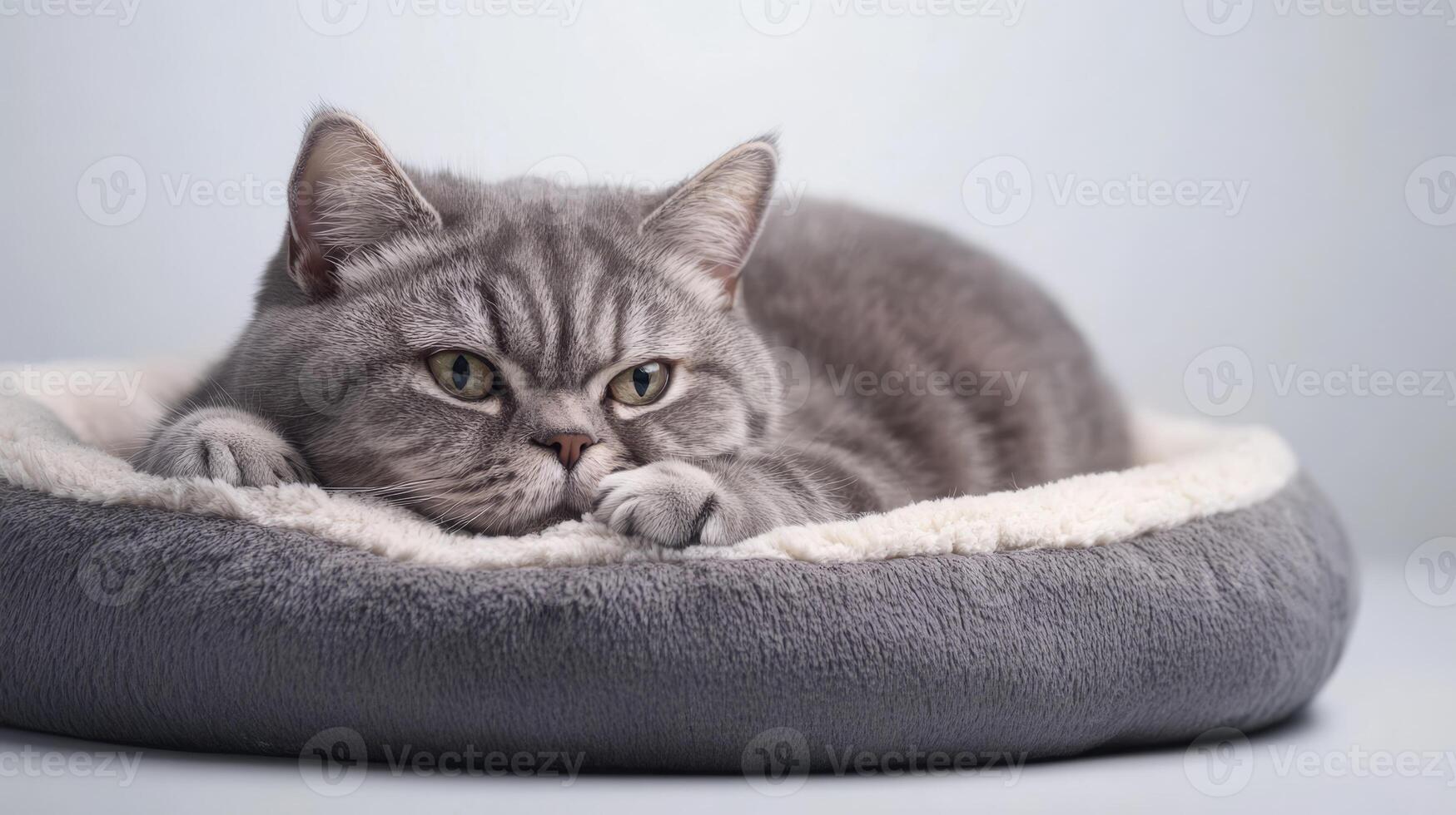 A calm English shorthair cat enjoys lounging in a cozy plush nest, showcasing its soft gray fur and content demeanor in a peaceful indoor environment photo