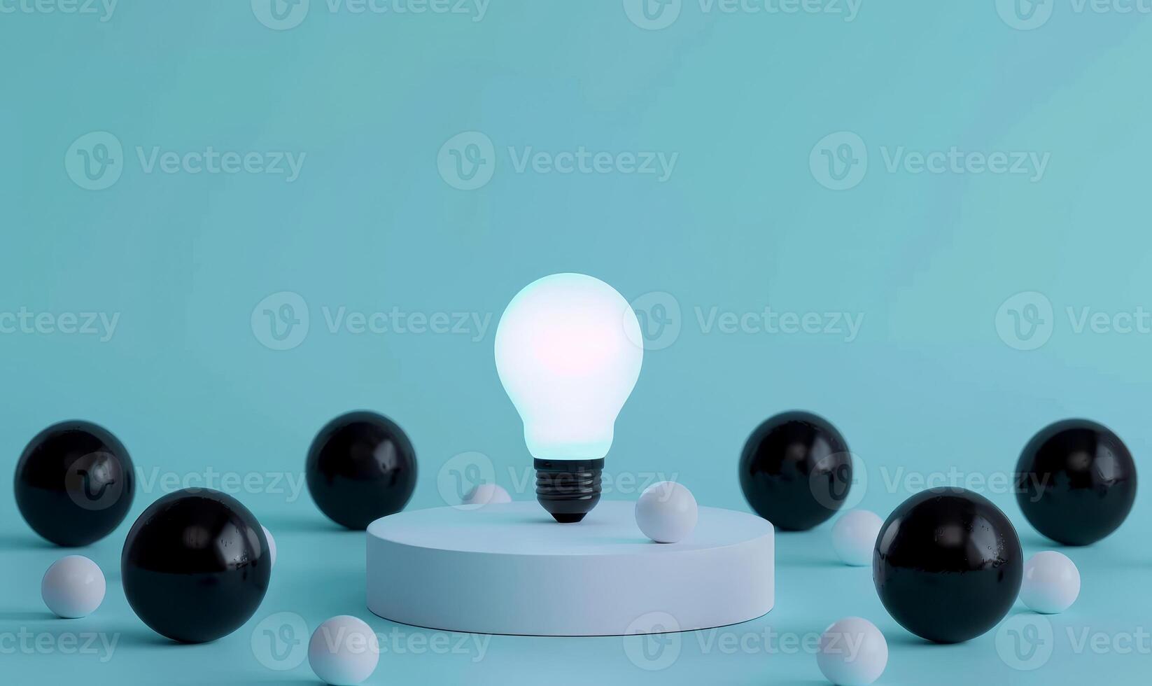 A glowing bulb is centered on a platform with dark spheres around it, creating contrast photo