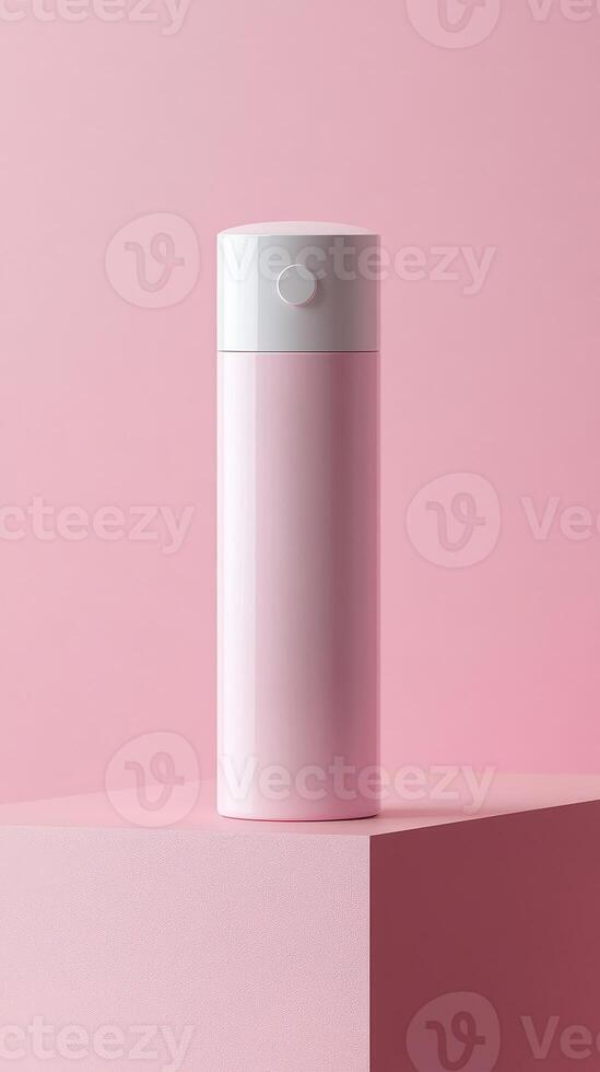 A sleek pink water bottle stands upright on a pastel pink platform, showcasing its minimalist design that blends with the tranquil surroundings photo