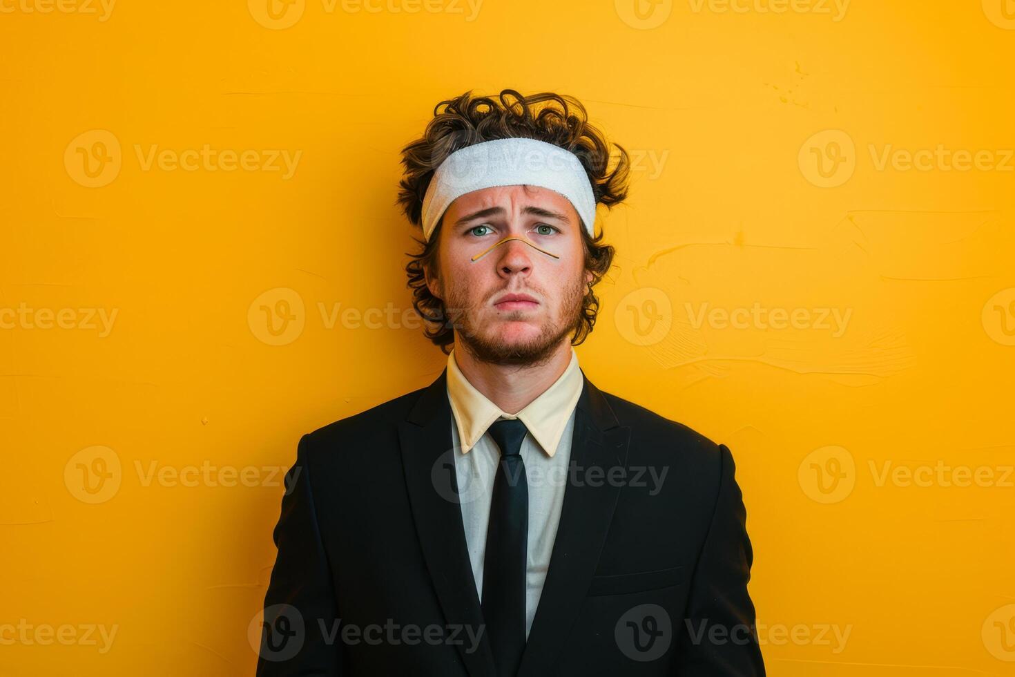 A humorous man stands upright in a black suit and white shirt, sporting a headband bandage on his forehead with a confused expression photo