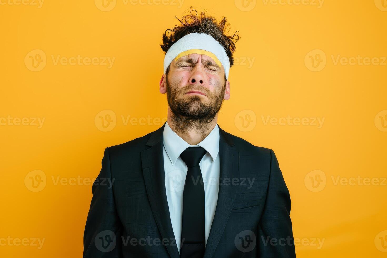 A man in a suit with an headband bandage is making a humorous face, set against a vibrant yellow backdrop. His expression is playful and exaggerated photo