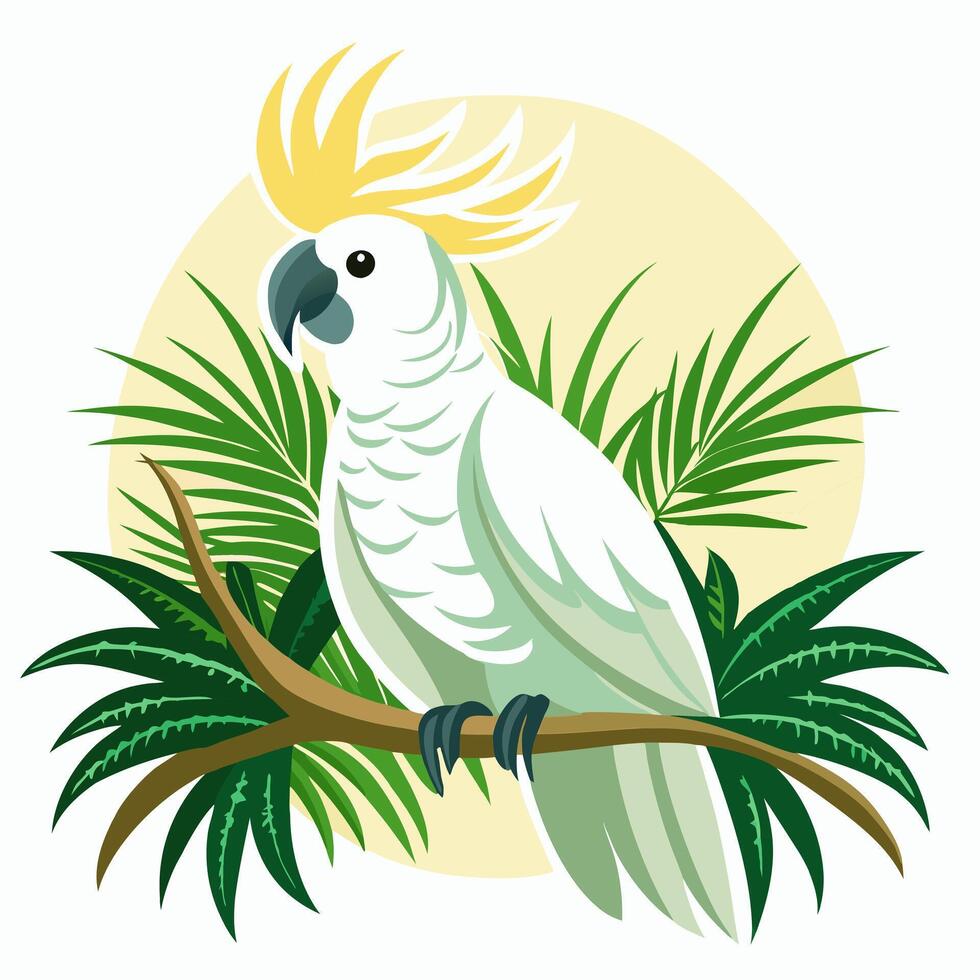 Illustration a cockatoo parrot sits on a branch in the jungle against the backdrop of dawn. Suitable for travel posters, logo, children's books and encyclopedias. vector