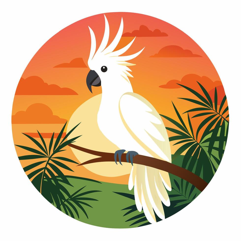 Illustration a cockatoo parrot sits on a branch in the jungle against the backdrop of a sunset.Suitable for travel posters, logo, children's books . vector