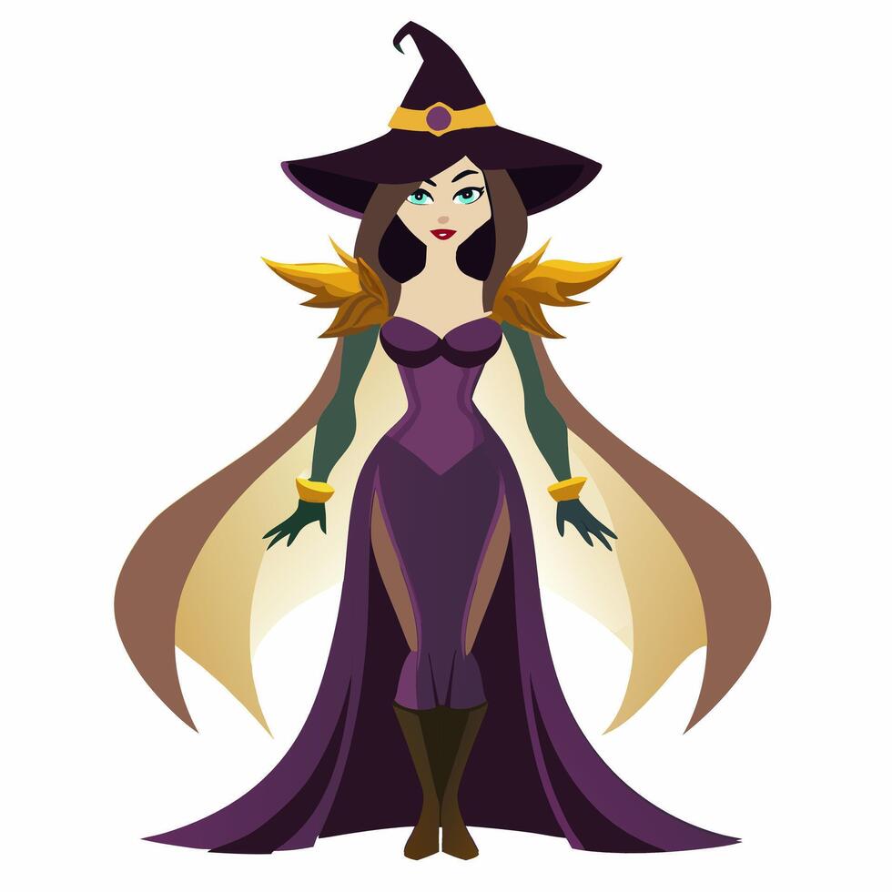 Adorable witch character in a violet dress with a hat . Isolated on white background. Suitable for posters,sticker, logo, children's books,games . Illustration vector