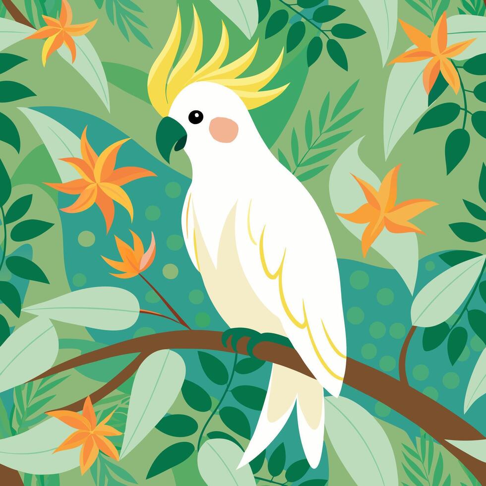 Illustration of a colorful cockatoo parrot sitting on a branch against the backdrop of a jungle. Suitable for travel posters, logo, children's books and encyclopedias. vector